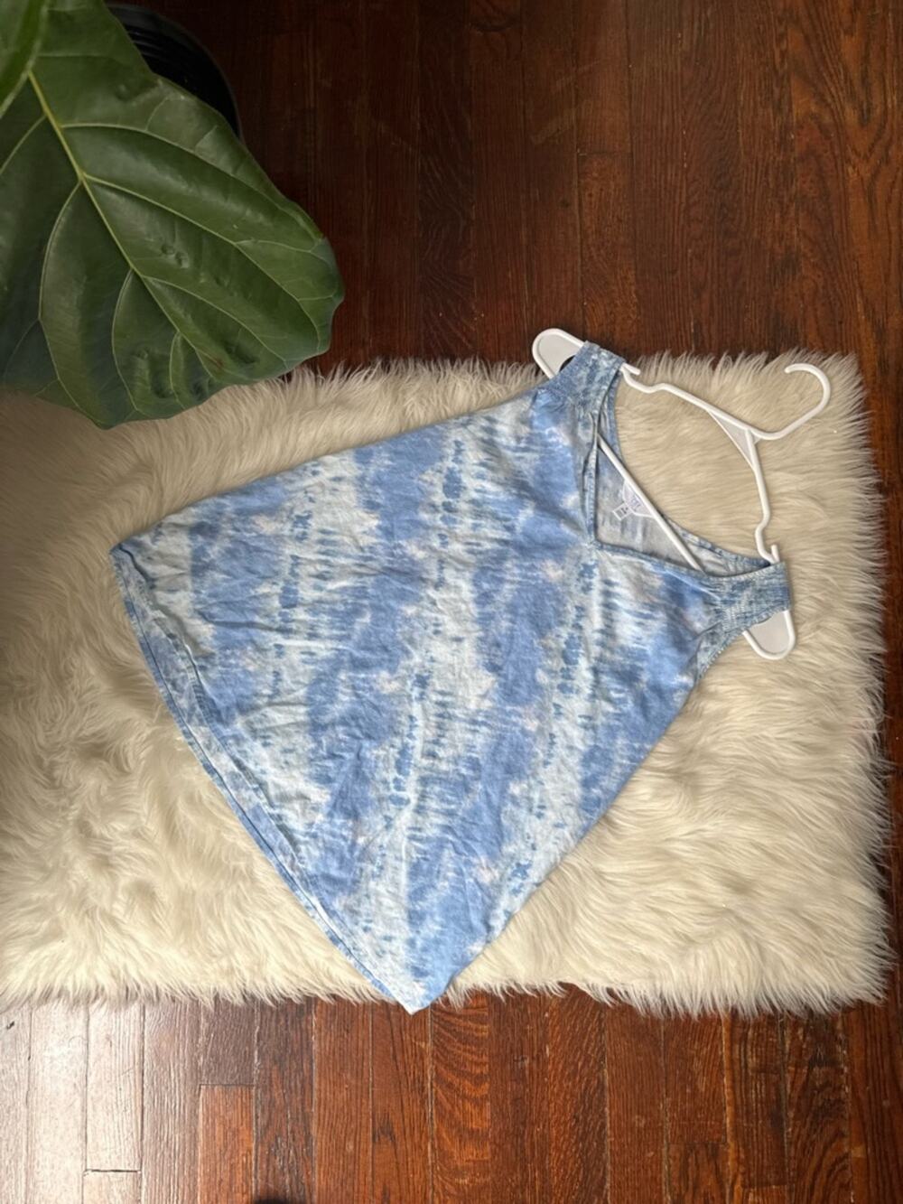 Blue Tie Dye Tank Top Flowy Smocked Straps Linen Blend Lightweight Size S